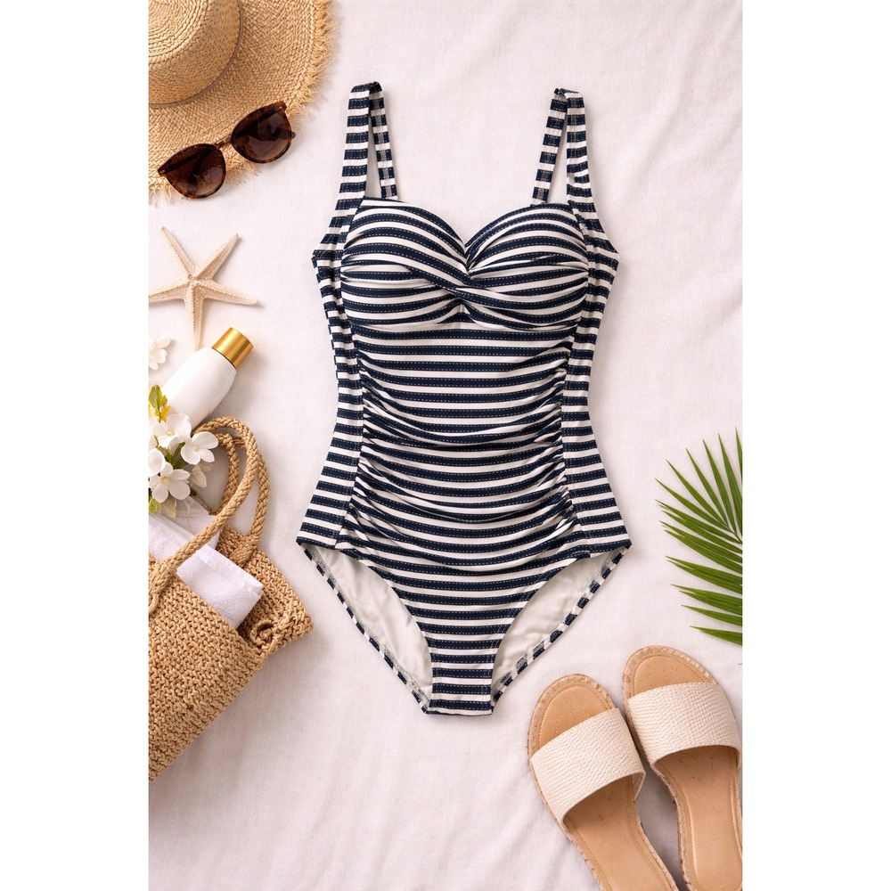 Niptuck Swim Black White Gold Striped Ruched One Piece Swimsuit Womens US‎ 4